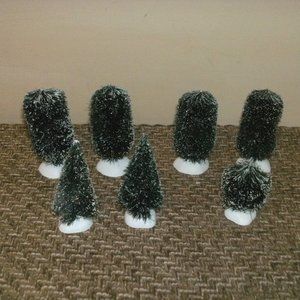 Lot of 7 DEPT 56 Christmas Village Snow Covered PINE TREES Bottle Brush 2" to 3"